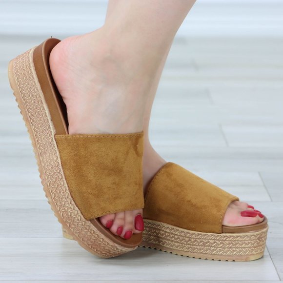 Shoes - Faux Suede Tan Comfort Platform Sandal Slip On Sliders